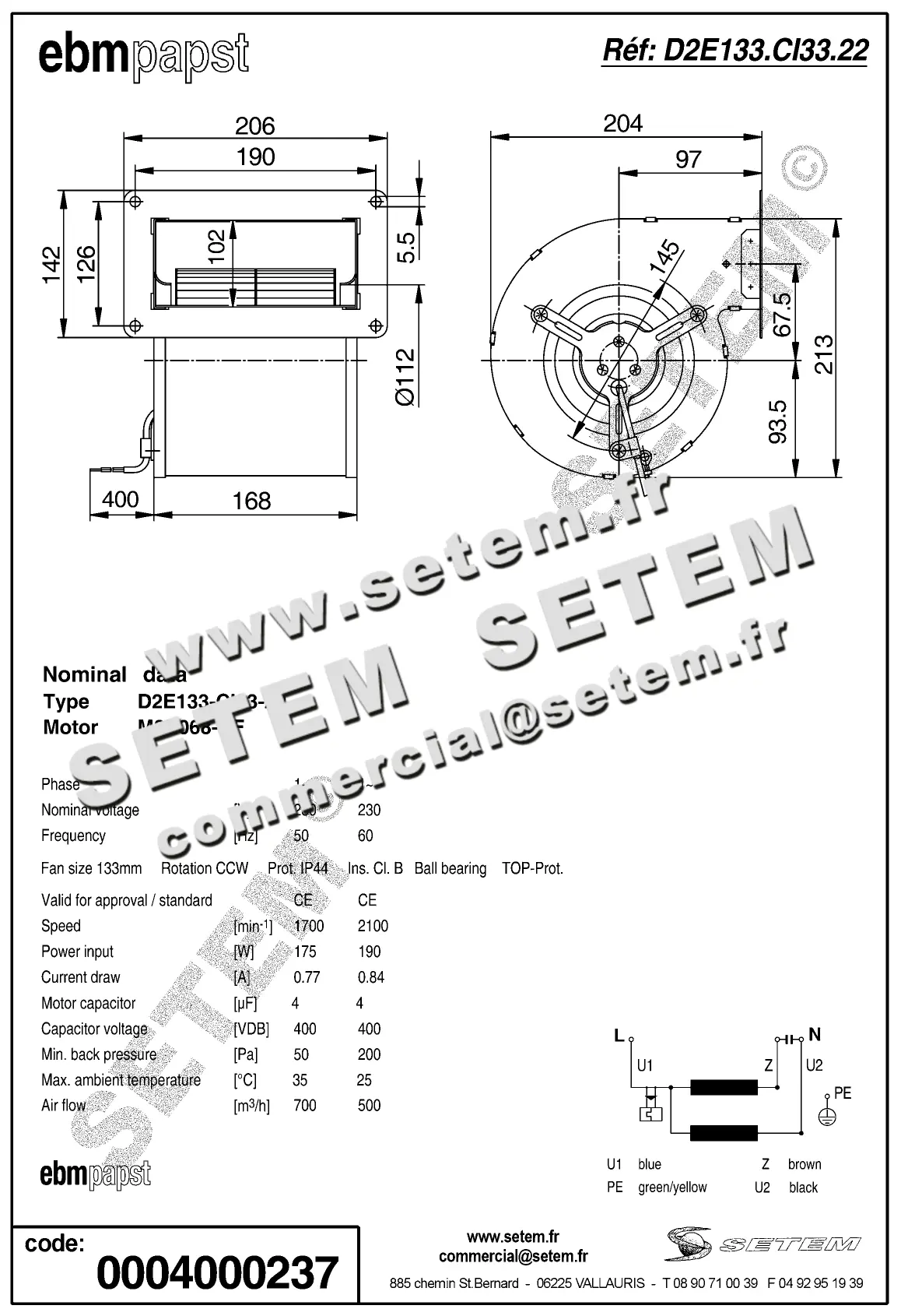 0004100237-VENTILATEUR EBMPAPST D2E133-CI33-22