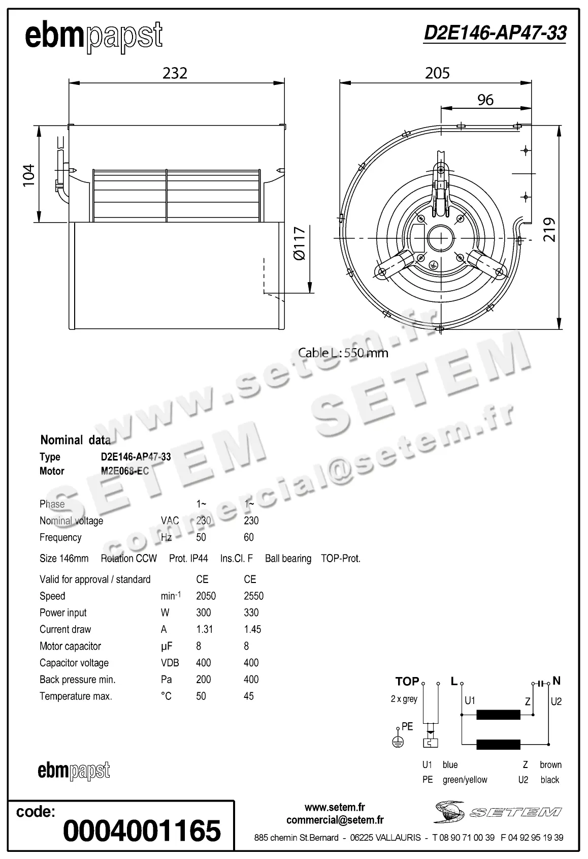 0004100315-VENTILATEUR EBMPAPST D2E146-AP47-33 2