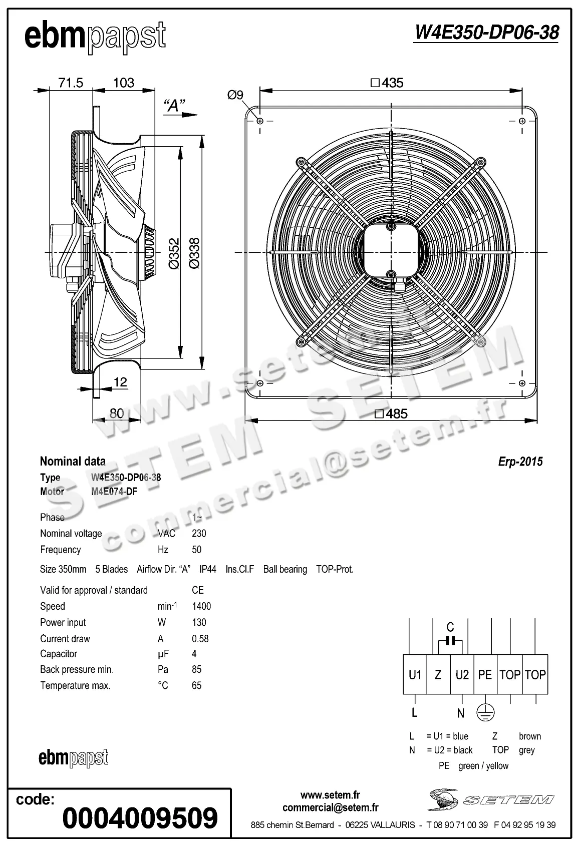 0004100580-VENTILATEUR EBMPAPST W4E350-DP06-38 "AW350E4K" 3