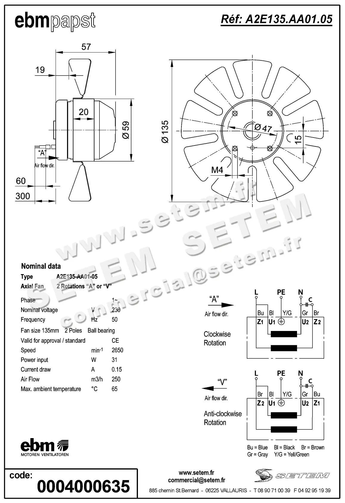 0004100635-MOTOHELICE EBMPAPST A2E135-AA01-05 2
