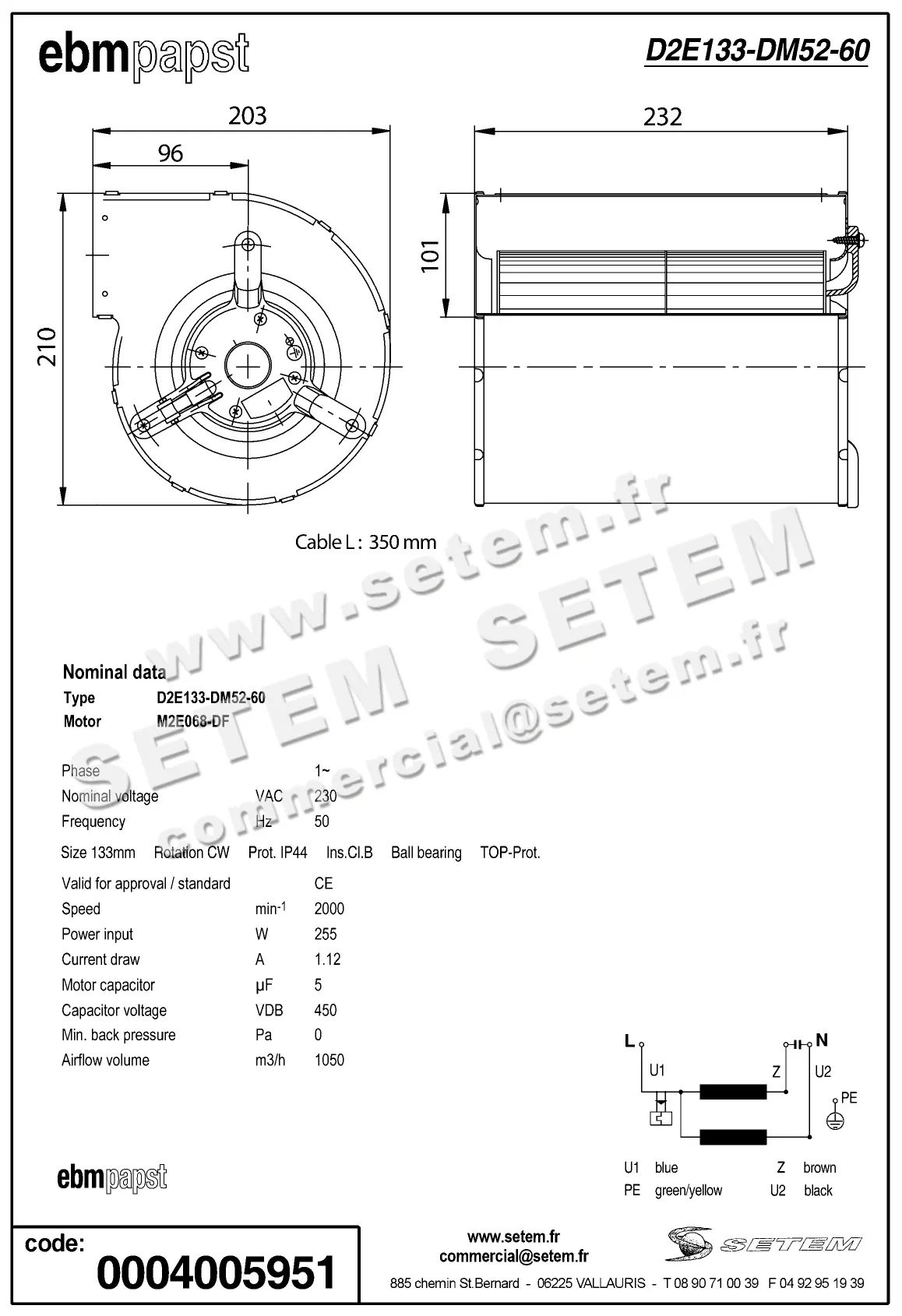 0004101190-VENTILATEUR EBMPAPST D2E133-DM52-60 2