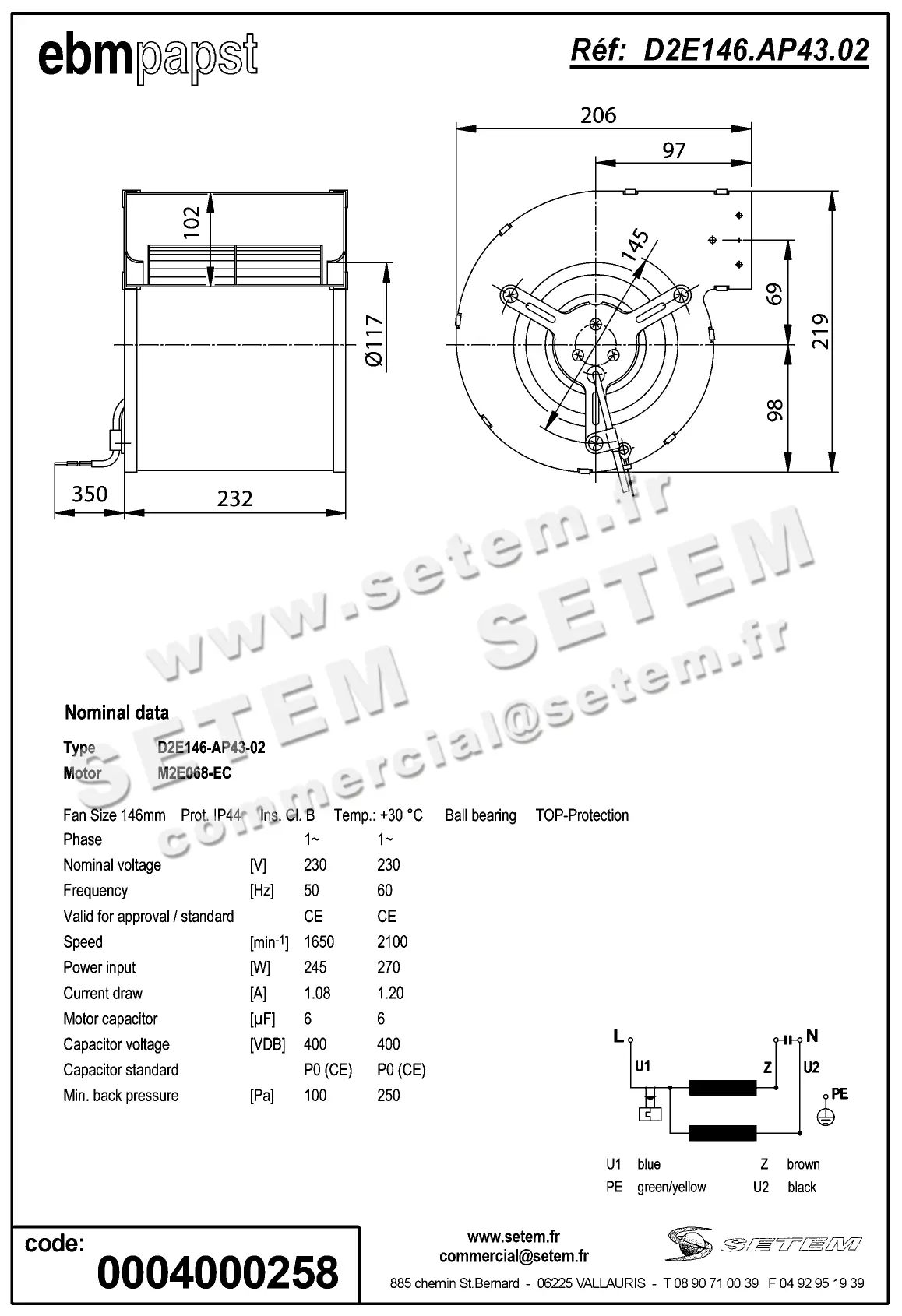 0004101243-VENTILATEUR EBMPAPST D2E146-AP43-02 2