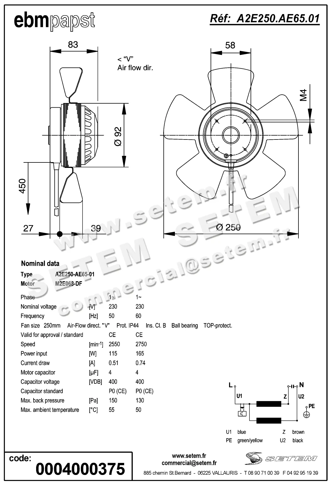0004105081-MOTOHELICE EBMPAPST A2E250-AE65-01 3