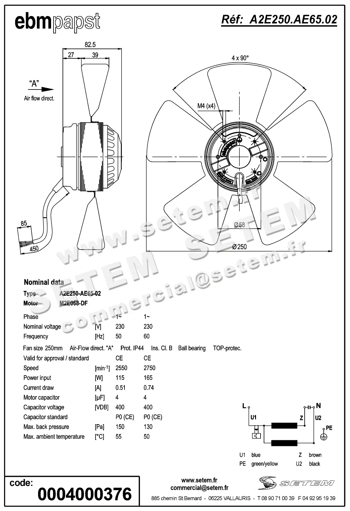 0004105082-MOTOHELICE EBMPAPST A2E250-AE65-02 2