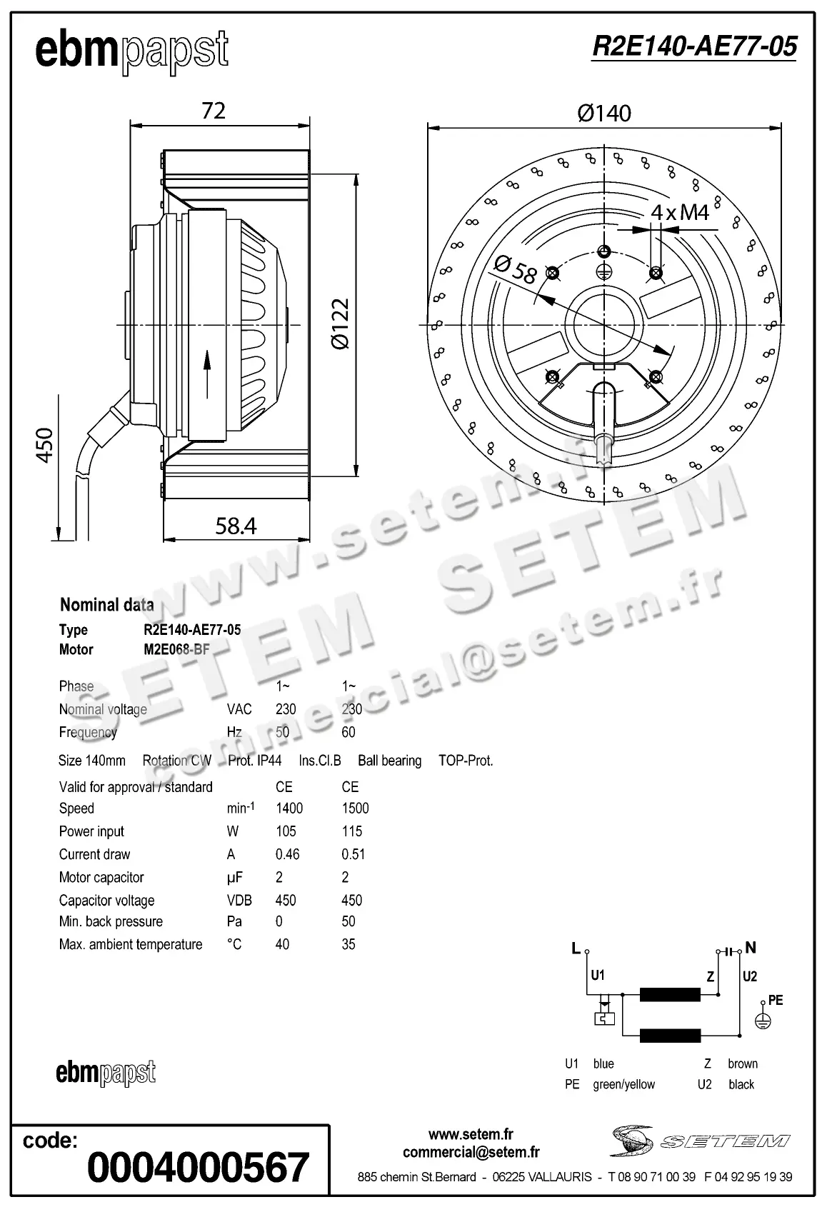 0004105115-MOTOTURBINE EBMPAPST R2E140.AE77.05 2