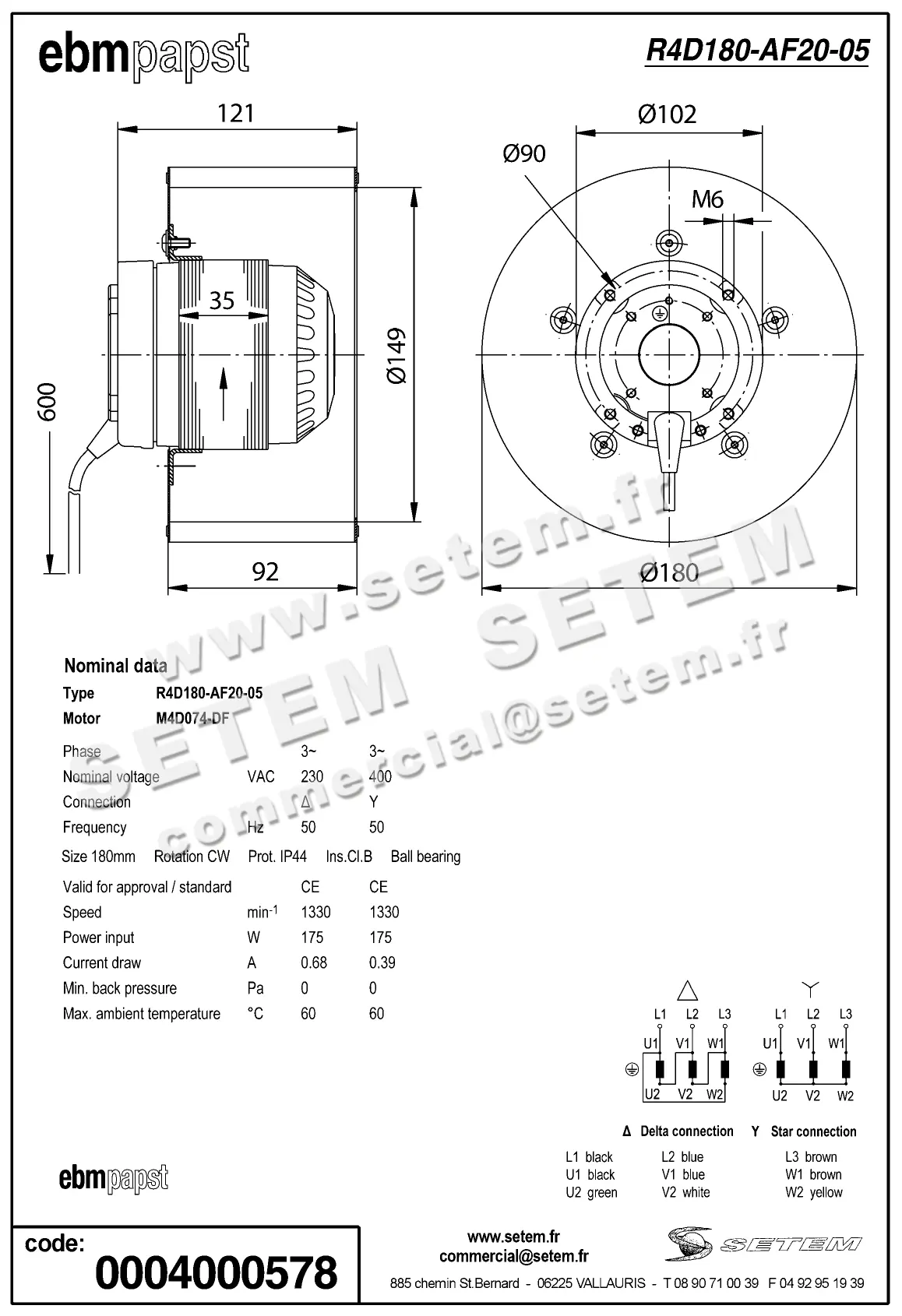 0004105123-MOTOTURBINE EBMPAPST R4D180-AF20-05 2