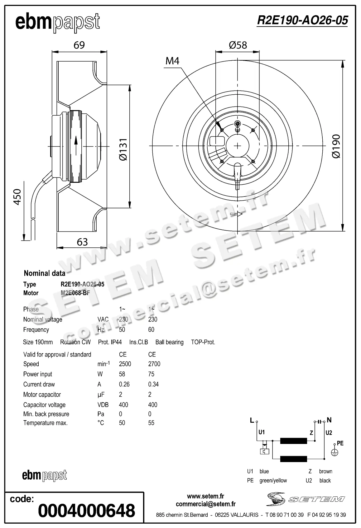 0004105148-MOTOTURBINE EBMPAPST R2E190-AO26-05 4