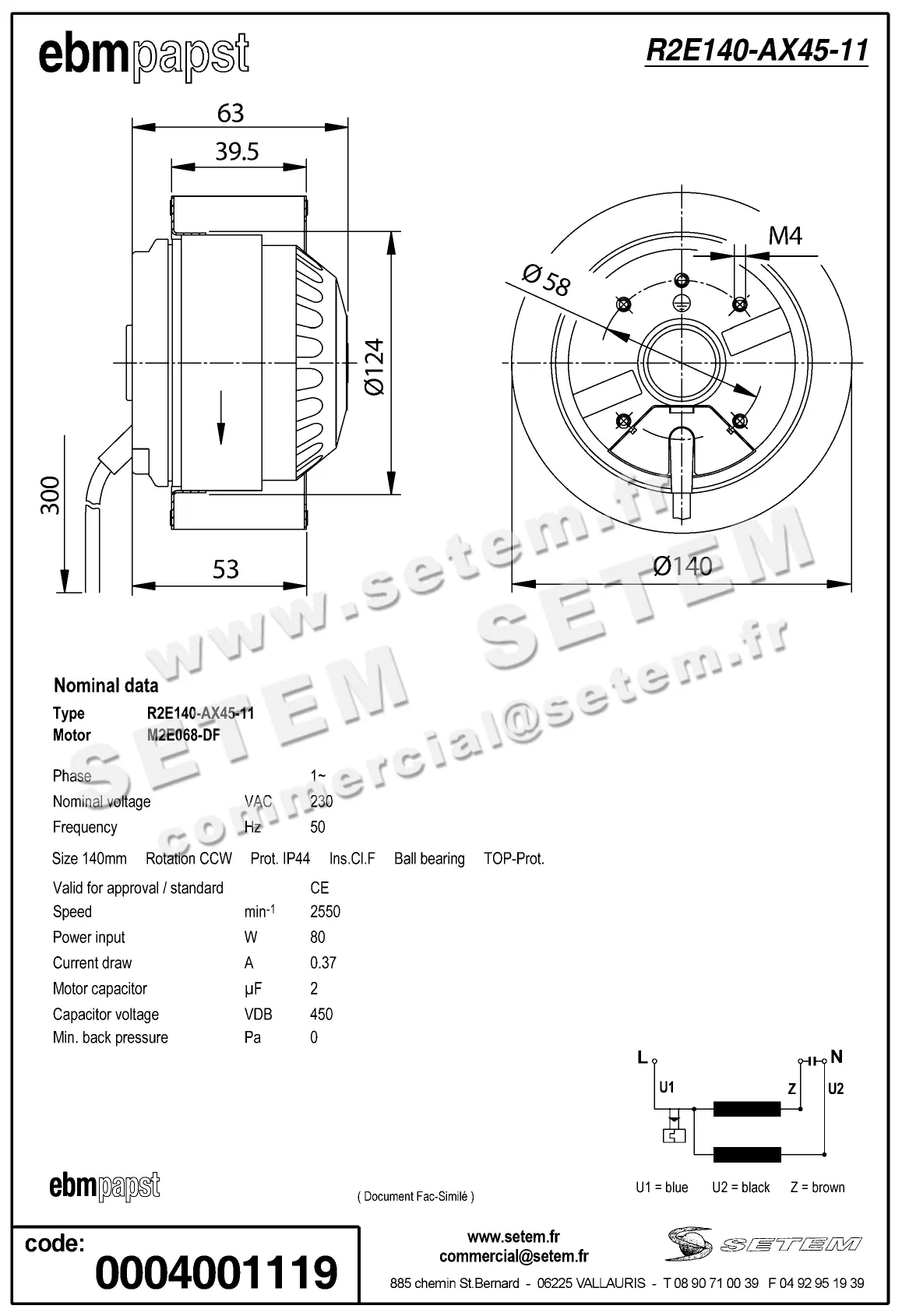 0004105196-MOTOTURBINE EBMPAPST R2E140-AX45-11 2