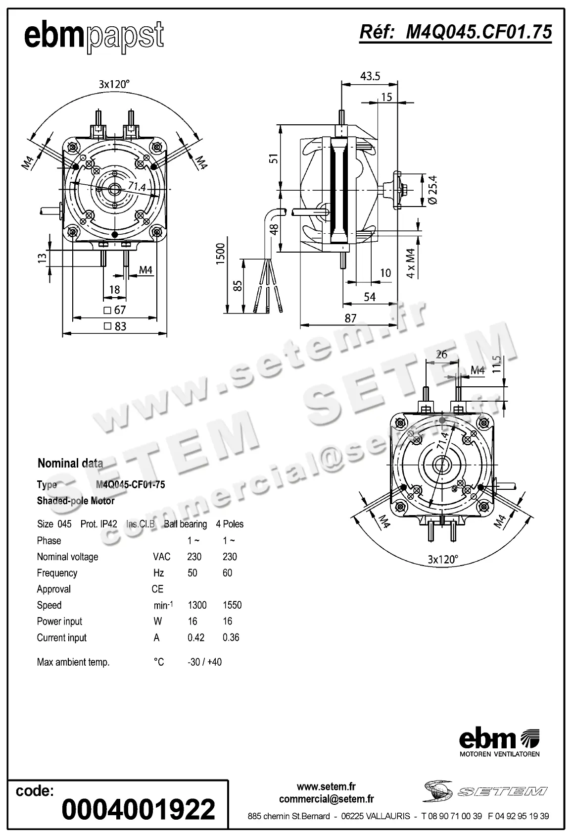 0004105251-MOTEUR EBMPAPST M4Q045-CF01-75 2