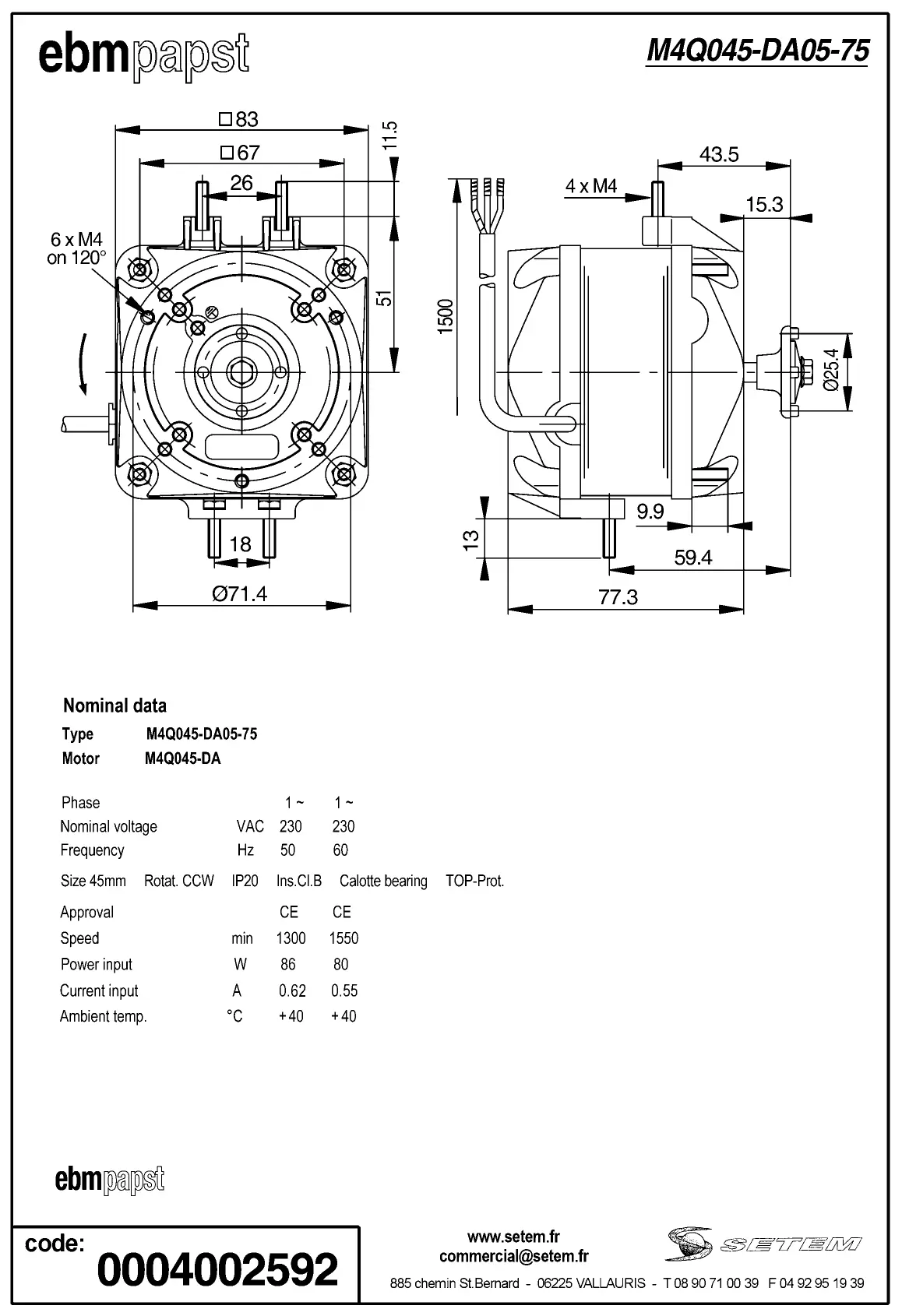 0004105266-MOTEUR EBMPAPST M4Q045.DA05.75 2