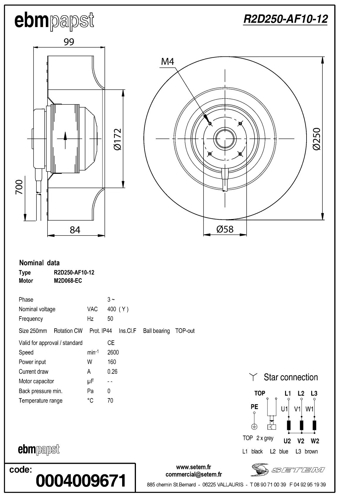 0004105414-MOTOTURBINE EBMPAPST R2D250-AF10-12 2