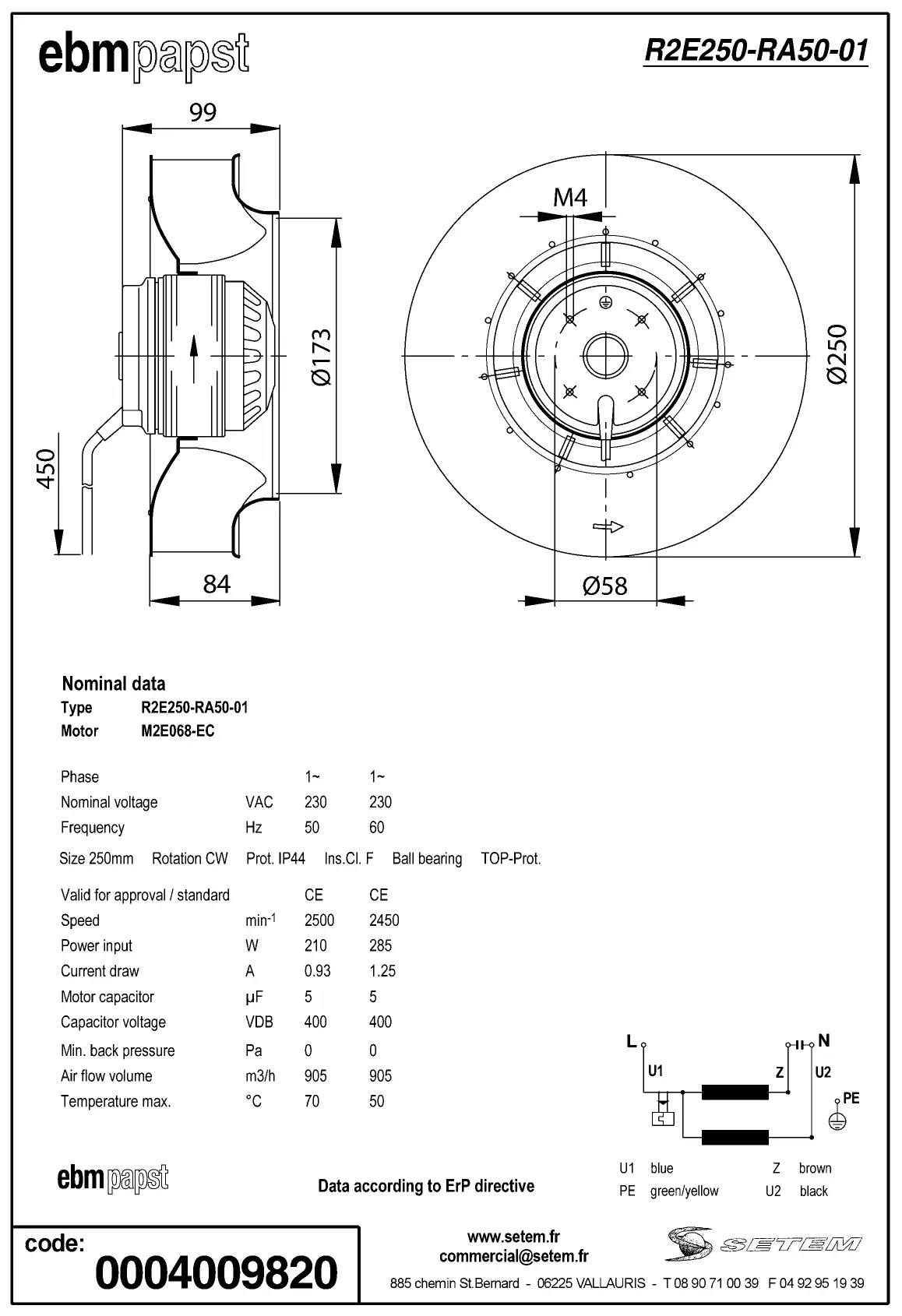 0004109820-MOTOTURBINE EBMPAPST R2E250.RA50.01 2