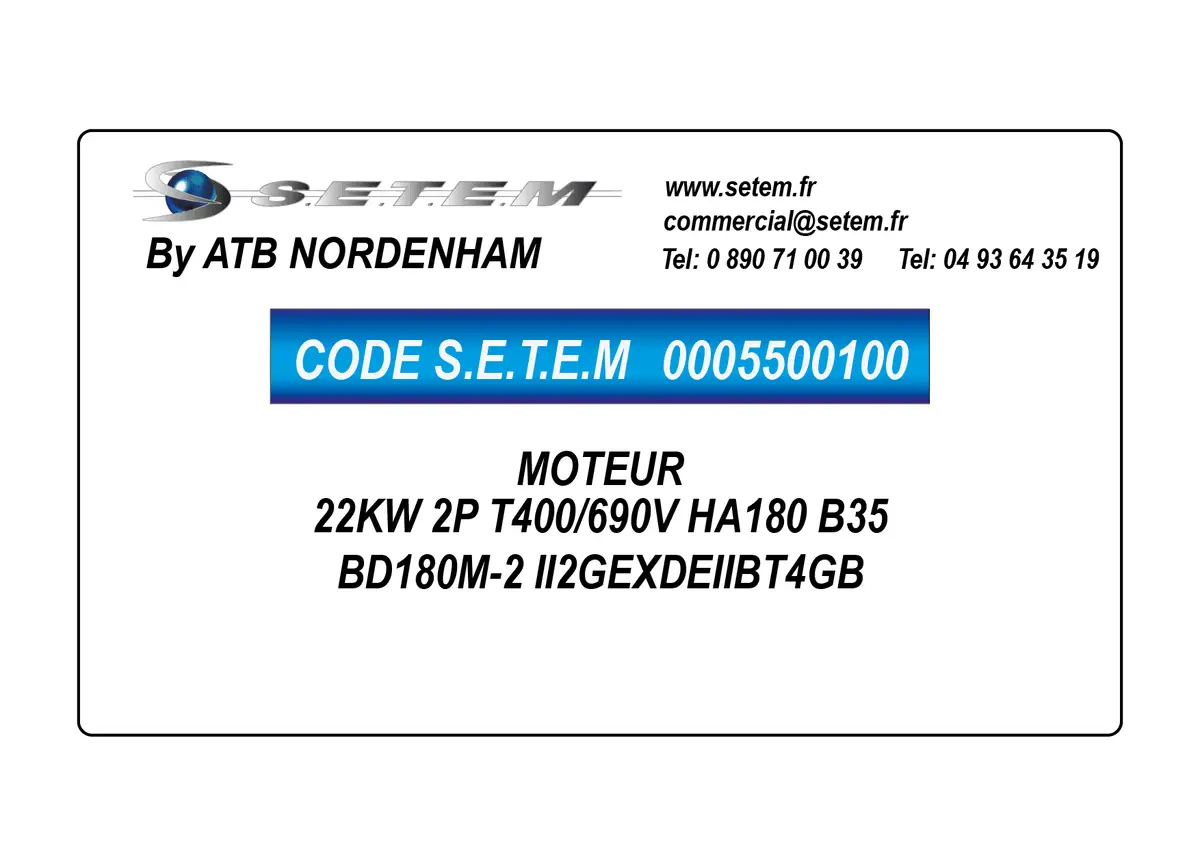 0005500100-MOTEUR ATB NORDENHAM 22KW 2P T400/690V HA180 B35 BD180M-2 II2GEXDEIIBT4GB