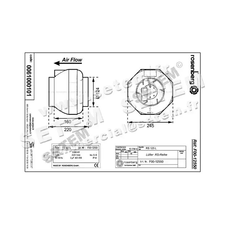 0061100101-VENTILATEUR ROSENBERG RS125L "U05.02" *F00.12550* 2