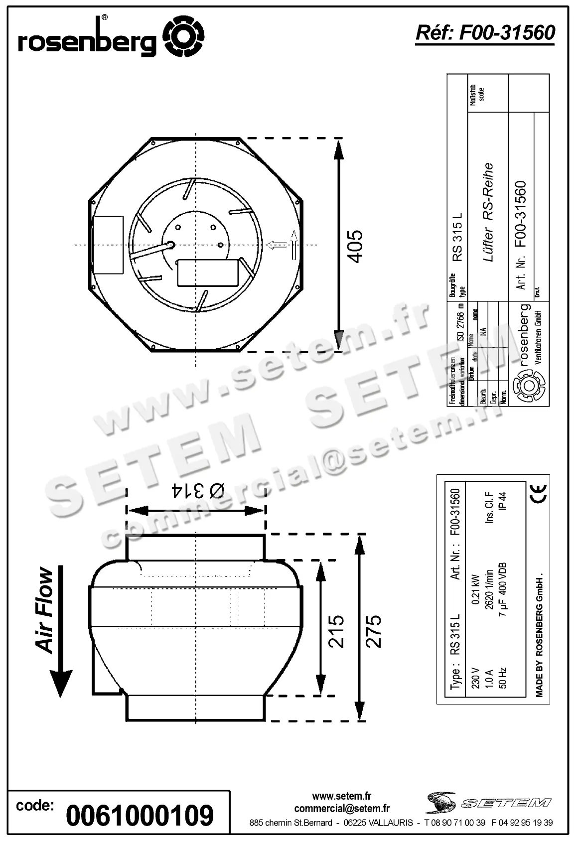 0061100109-VENTILATEUR ROSENBERG RS315L *F00.31560* 2