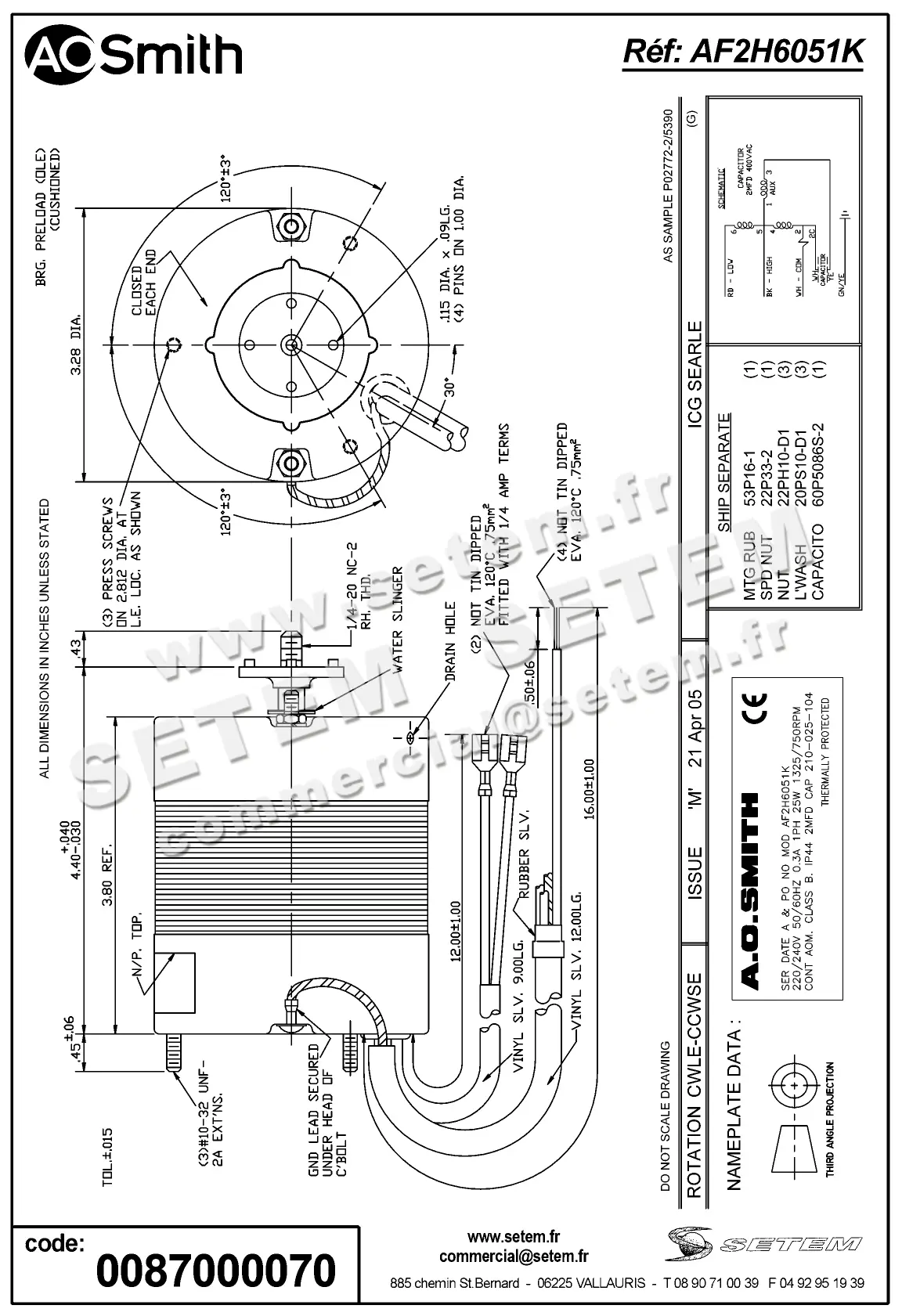 0087000070-MOTEUR AOSMITH AF2H6051K "210.025.104" 3