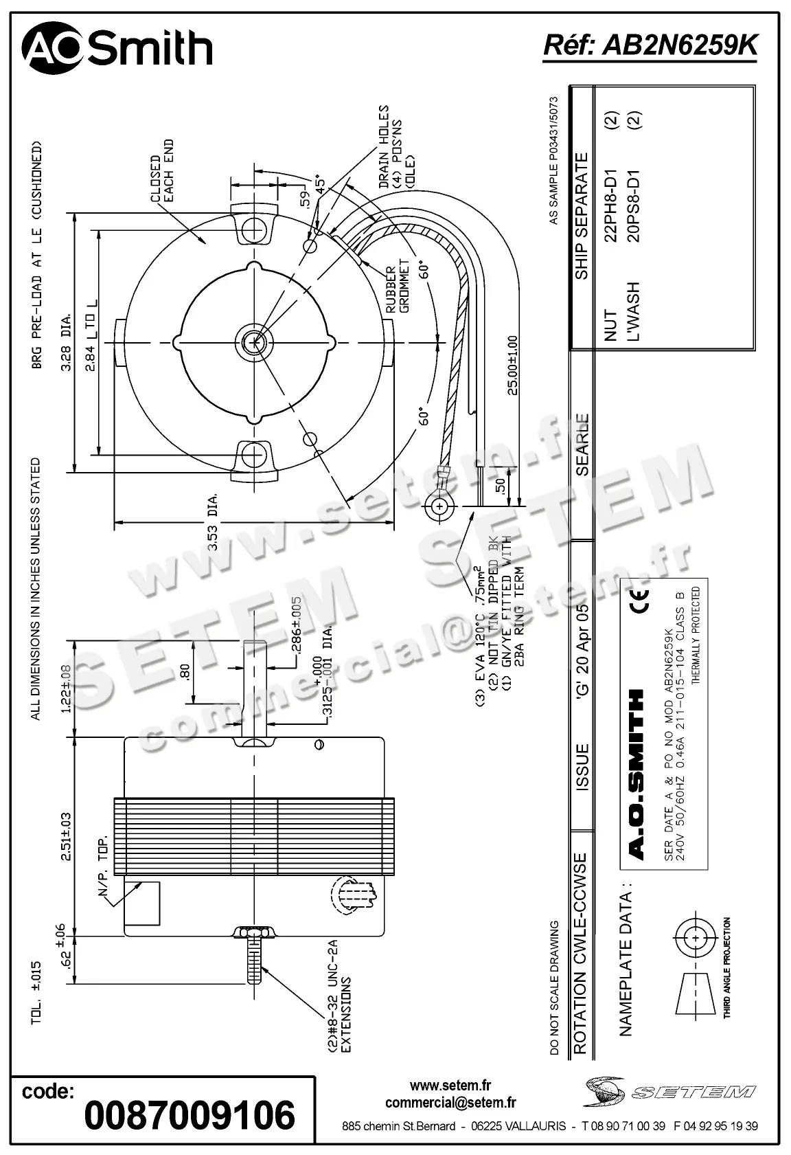 0087009106-MOTEUR AOSMITH AB2N6259K "211.015.104" 2