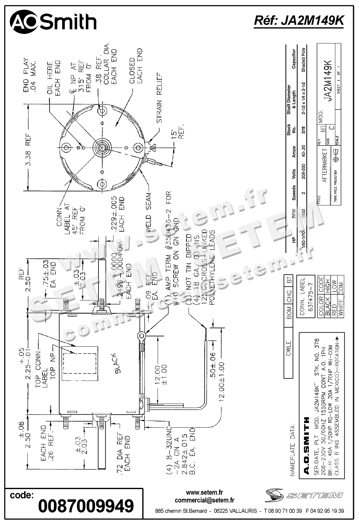 0087009949-MOTEUR AOSMITH JA2M149