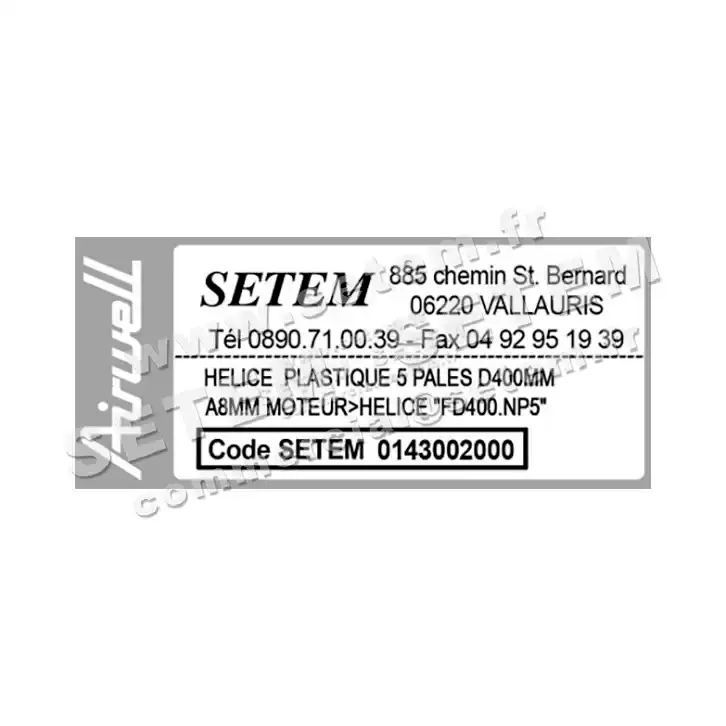 0143002000-HELICE PLASTIQUE 5 PALES D400MM A8MM MOTEUR AIRWELL -HELICE "FD400.NP5" 3