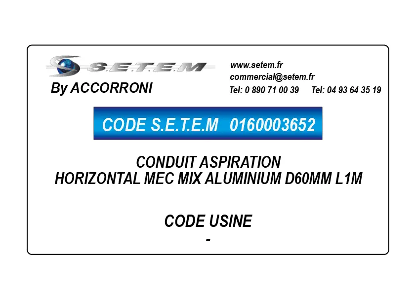 0160003652-CONDUIT ASPIRATION HORIZONTAL MEC MIX ALUMINIUM D60MM L1M ACCORRONI