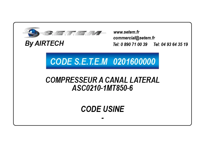0201600000-COMPRESSEUR A CANAL LATERAL AIRTECH ASC0210-1MT850-6