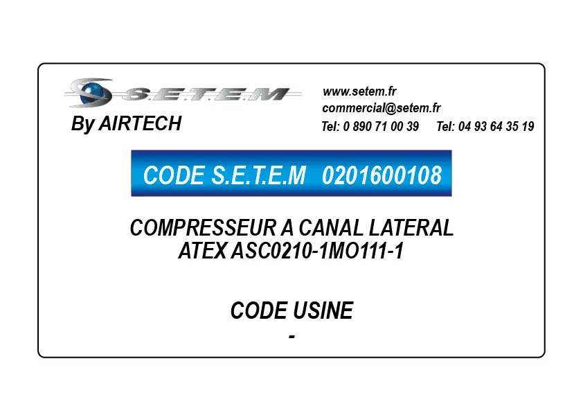 0201600108-COMPRESSEUR A CANAL LATERAL AIRTECH ATEX ASC0210-1MO111-1