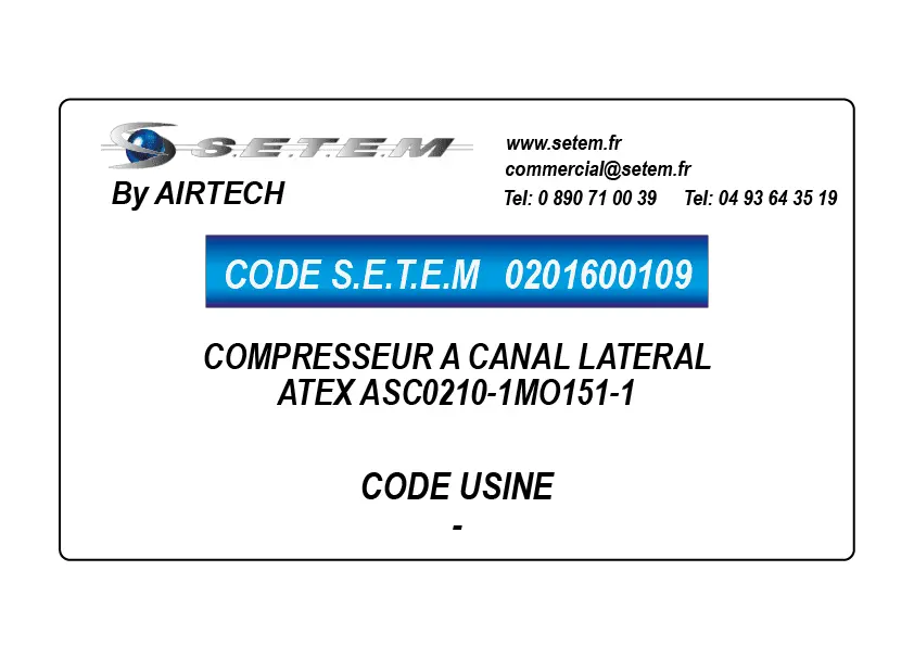 0201600109-COMPRESSEUR A CANAL LATERAL AIRTECH ATEX ASC0210-1MO151-1
