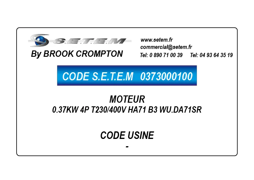 0373000100-MOTEUR BROOK 0.37KW 4P T230/400V HA71 B3 WU.DA71SR