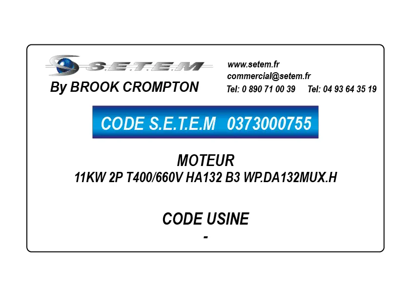0373000755-MOTEUR BROOK 11KW 2P T400/660V HA132 B3 WP.DA132MUX.H