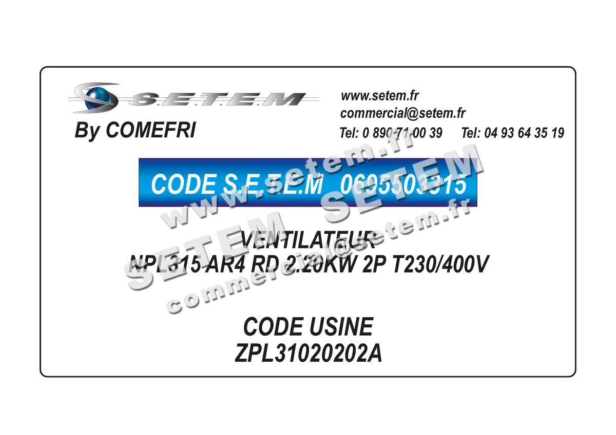 0695503315-VENTILATEUR COMEFRI NPL315 AR4 RD 2.20KW 2P T230/400V *ZPL31020202A*