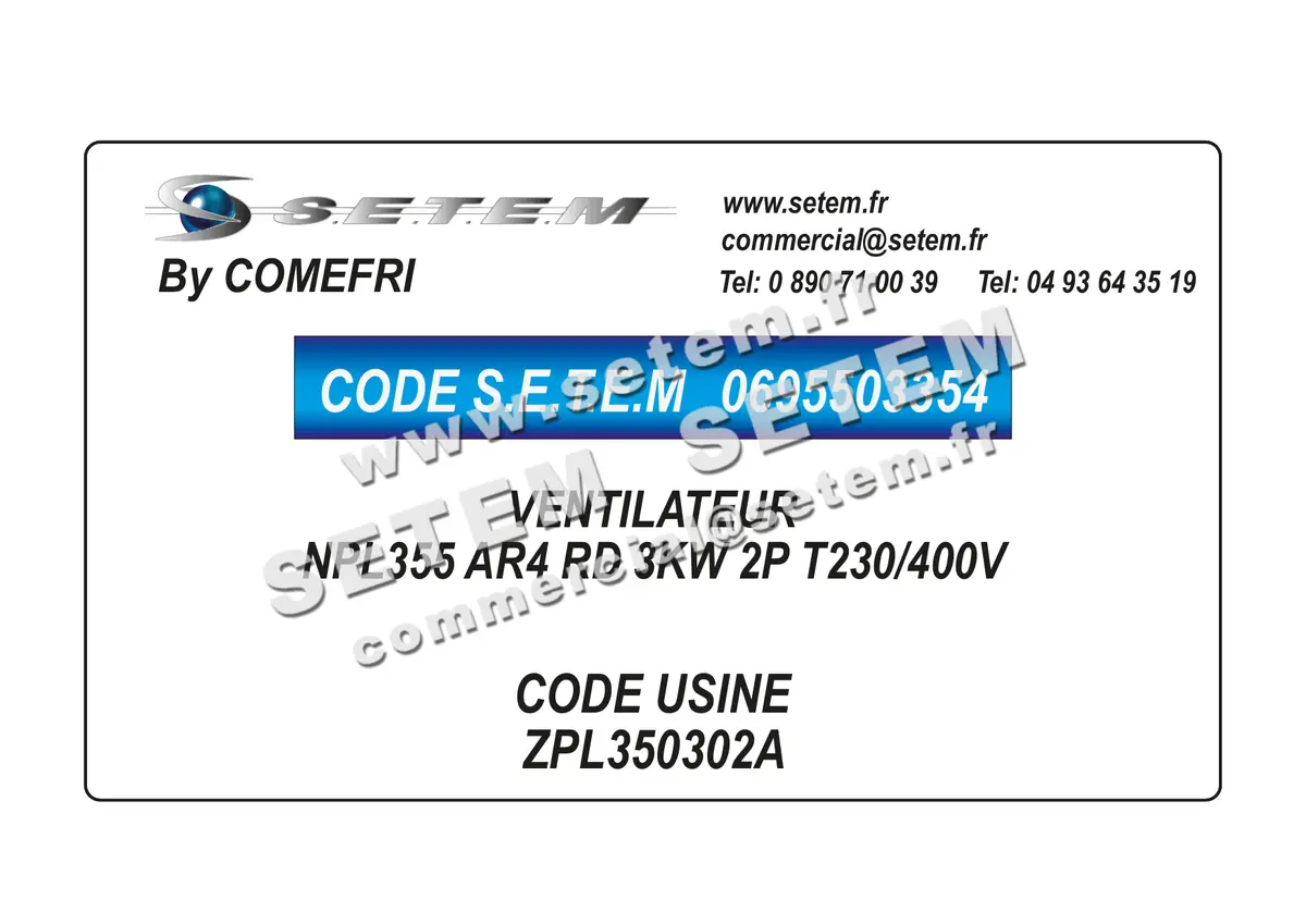 0695503354-VENTILATEUR COMEFRI NPL355 AR4 RD 3KW 2P T230/400V *ZPL350302A*