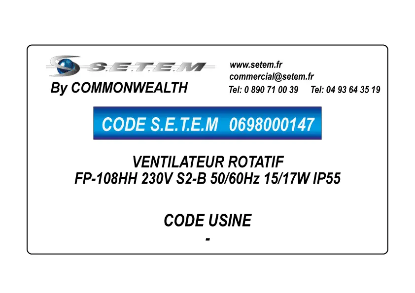 0698000147-VENTILATEUR ROTATIF COMMONWEALTH FP-108HH 230V S2-B 50/60Hz 15/17W IP55 2