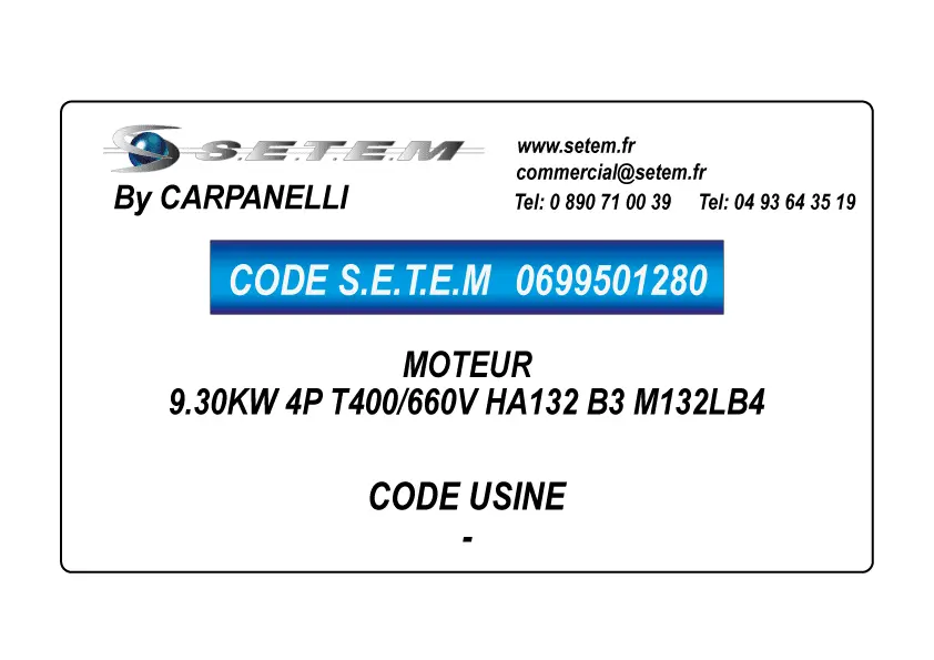 0699501280-MOTEUR CARPANELLI 9.30KW 4P T400/660V HA132 B3 M132LB4