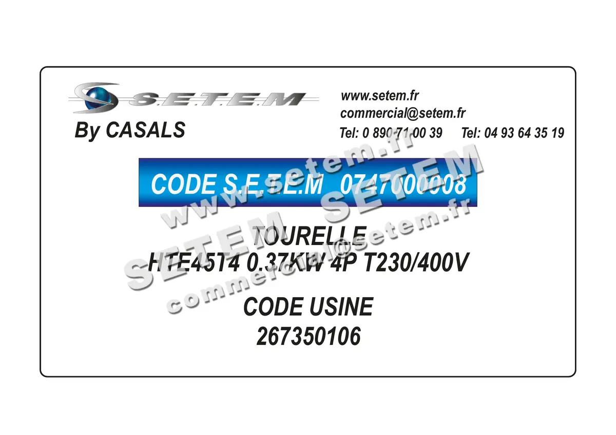 0747000008-TOURELLE CASALS HTE45T4 0.37KW 4P T230/400V *267350106*