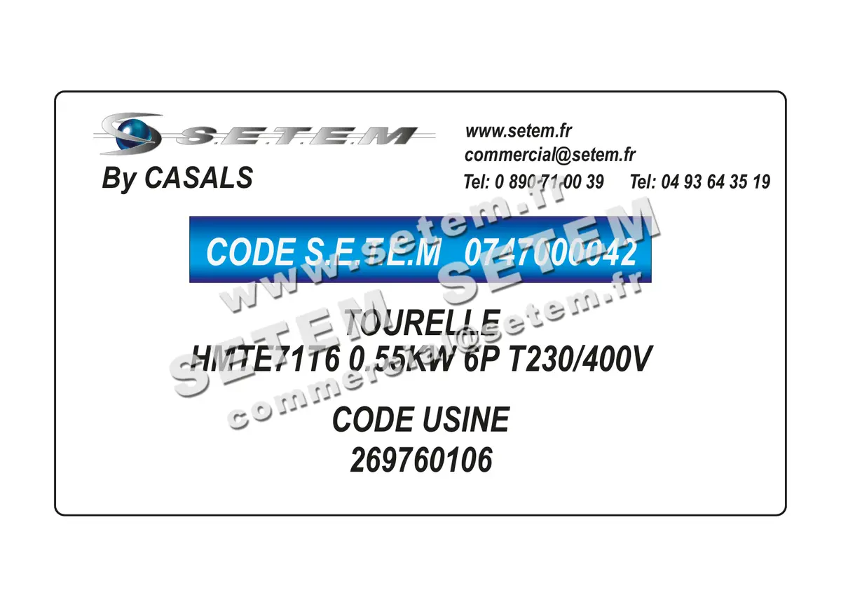 0747000042-TOURELLE CASALS HMTE71T6 0.55KW 6P T230/400V *269760106*
