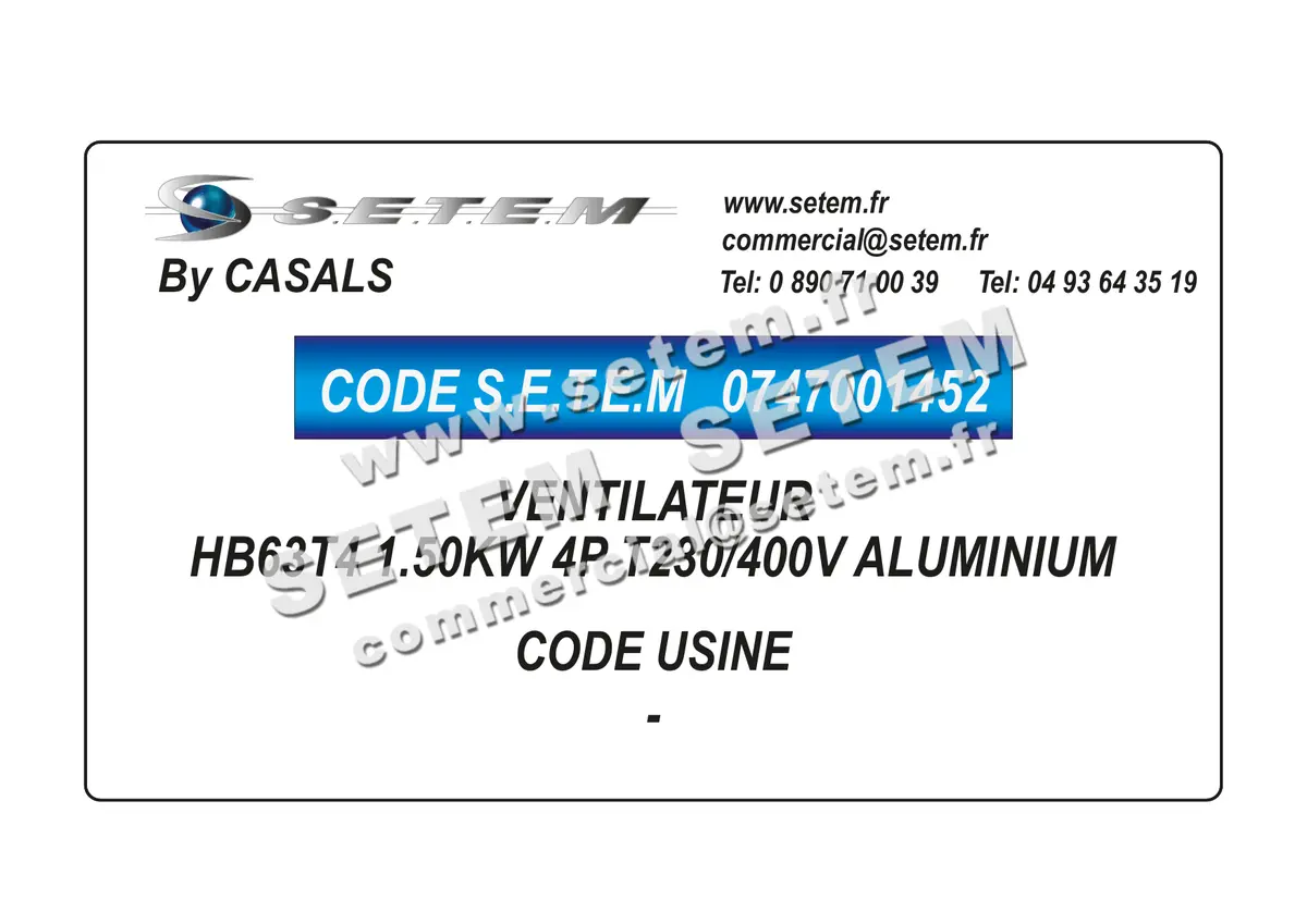 0747001452-VENTILATEUR CASALS HB63T4 1.50KW 4P T230/400V ALUMINIUM