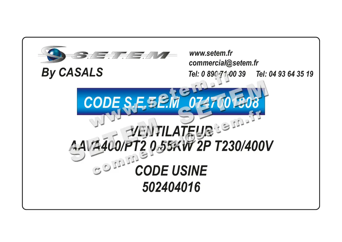 0747001808-VENTILATEUR CASALS AAVA400/PT2 0.55KW 2P T230/400V *502404016*