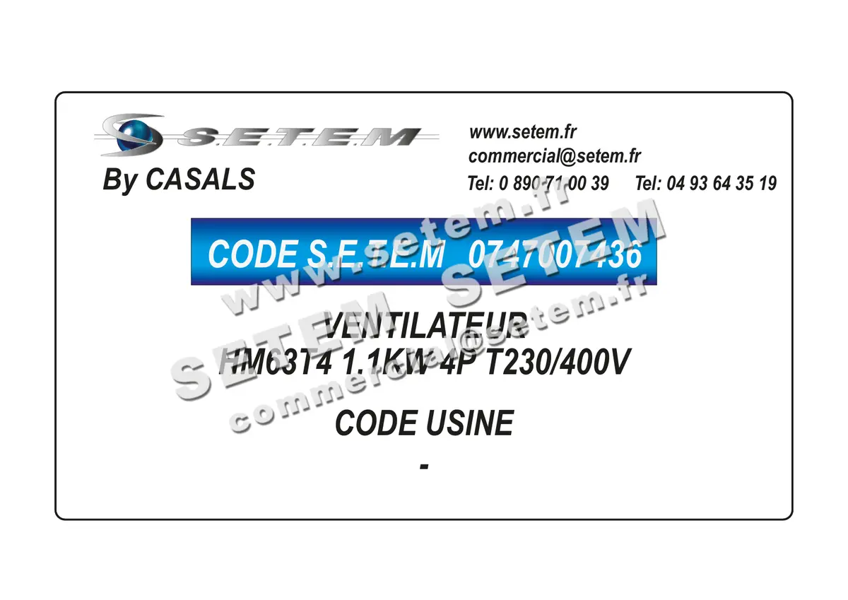 0747007436-VENTILATEUR CASALS HM63T4 1.1KW 4P T230/400V