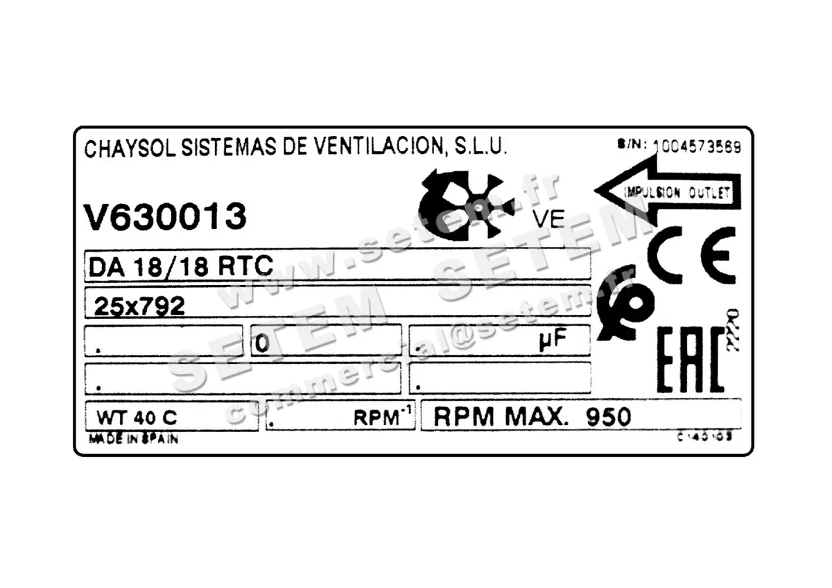 0749000060-VENTILATEUR CHAYSOL DA18/18RTC *V630013* 2