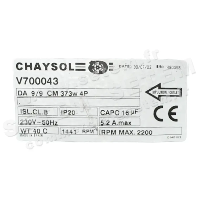 0749002032-VENTILATEUR CHAYSOL DA9/9CM 373W 4P M230V 1V *V700043*