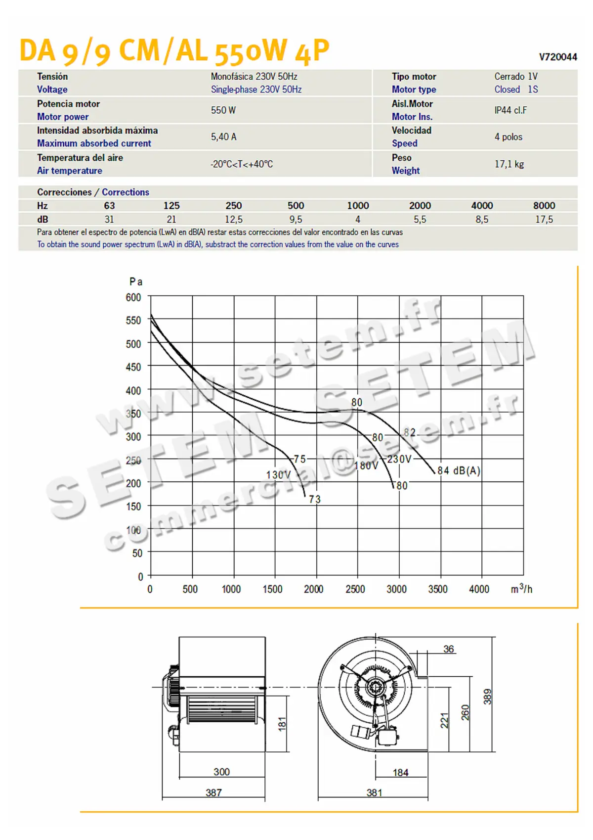 0749009038-VENTILATEUR CHAYSOL DA9/9 550W 4P M230V 1V YDK550.4 *V720044* 2