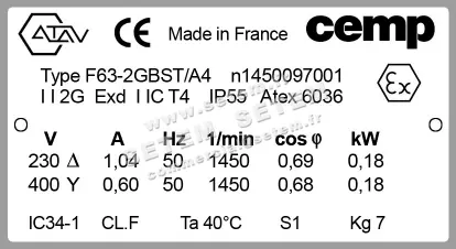 0760001014-MOTEUR ATAV 0.18KW 4P T230/400V HA63 B34 EEXDIIBT4 *F63..2GBST/A4* 2