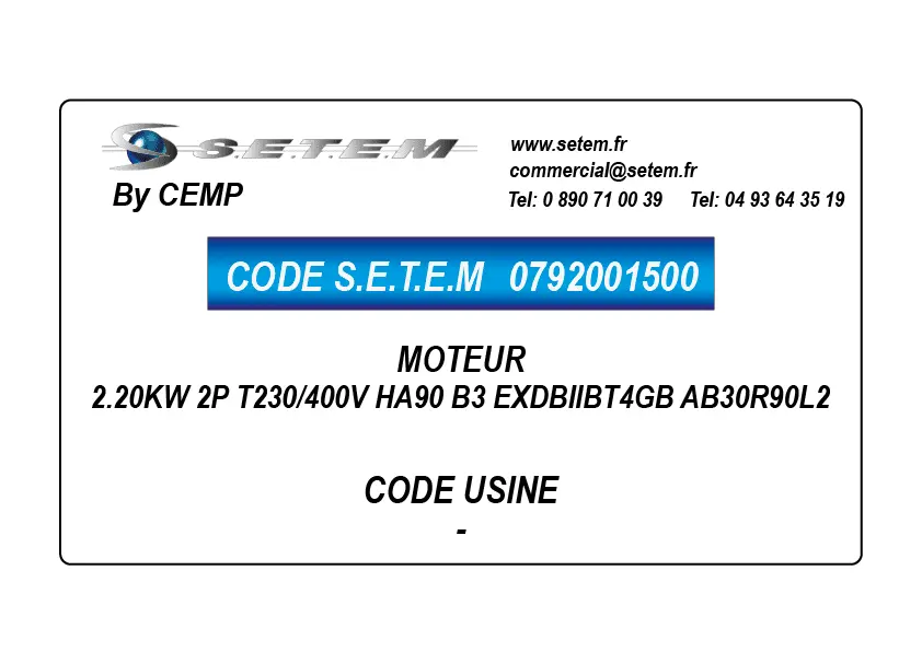 0792001500-MOTEUR CEMP 2.20KW 2P T230/400V HA90 B3 EXDBIIBT4GB AB30R90L2 2