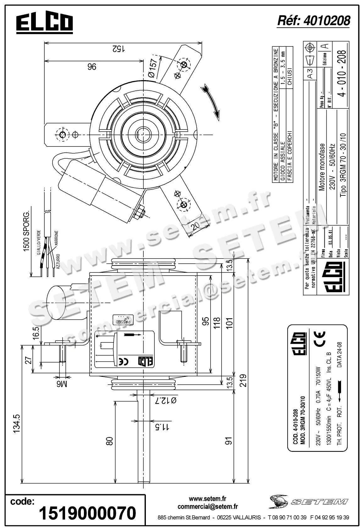 1519000070-MOTEUR ELCOMOTEUR 3RGM70.30/10 *4010208* 2