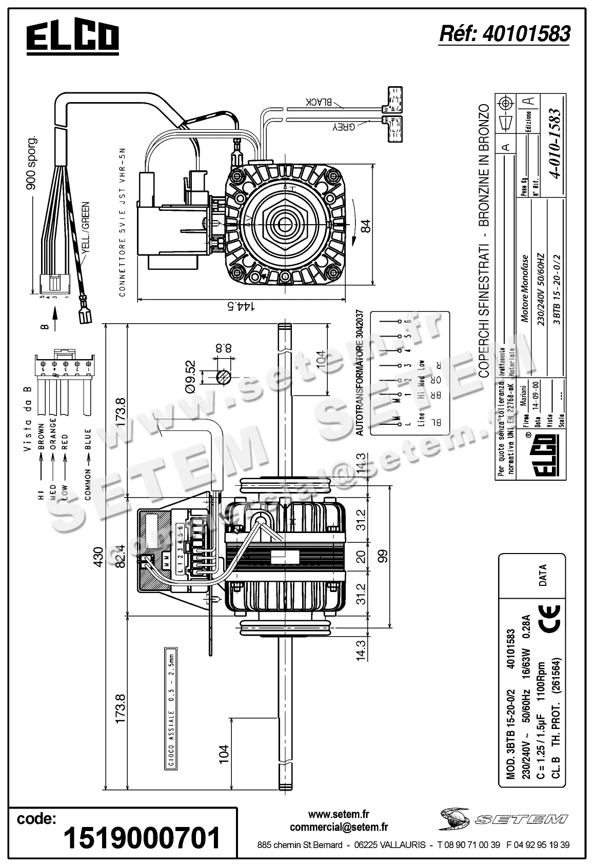 1519000701-MOTEUR ELCOMOTEUR 3BTB15.20.0/2 "261564" *40101583* 2