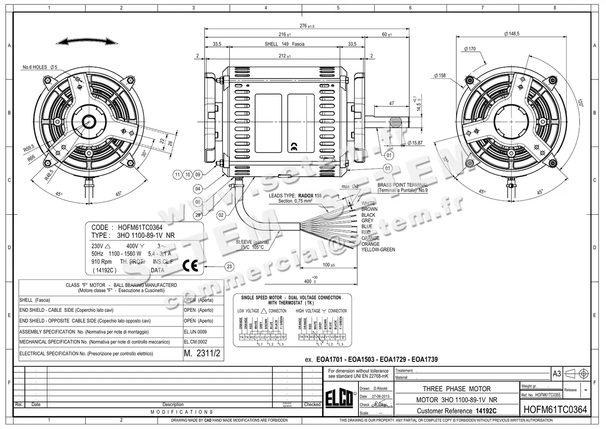 1519005003-MOTEUR ELCO MOTEUR 3HO1100.89.1V.NR *HOFM61TC0364* 3