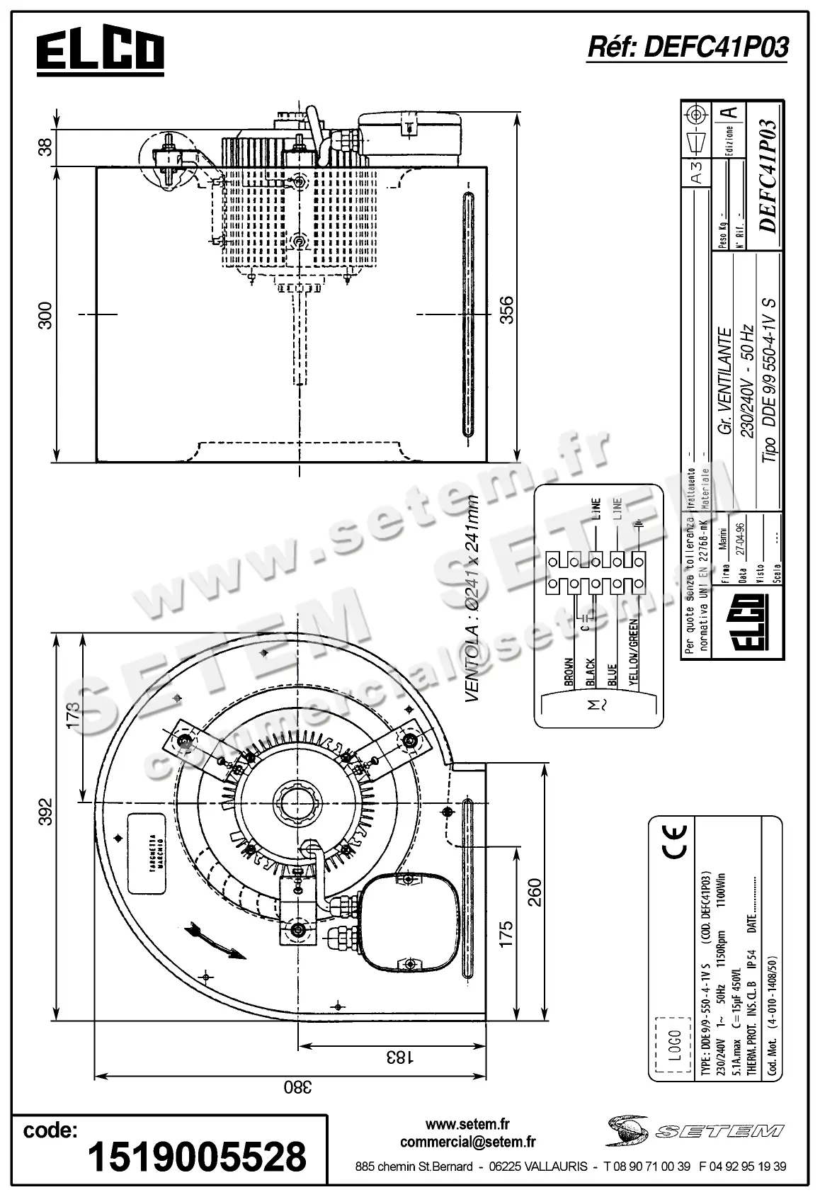 1519005528-VENTILATEUR ELCOMOTEUR DDE9/9 550W 4P M230V 1V 40101408/50 +PI *DEFC41P03* 3