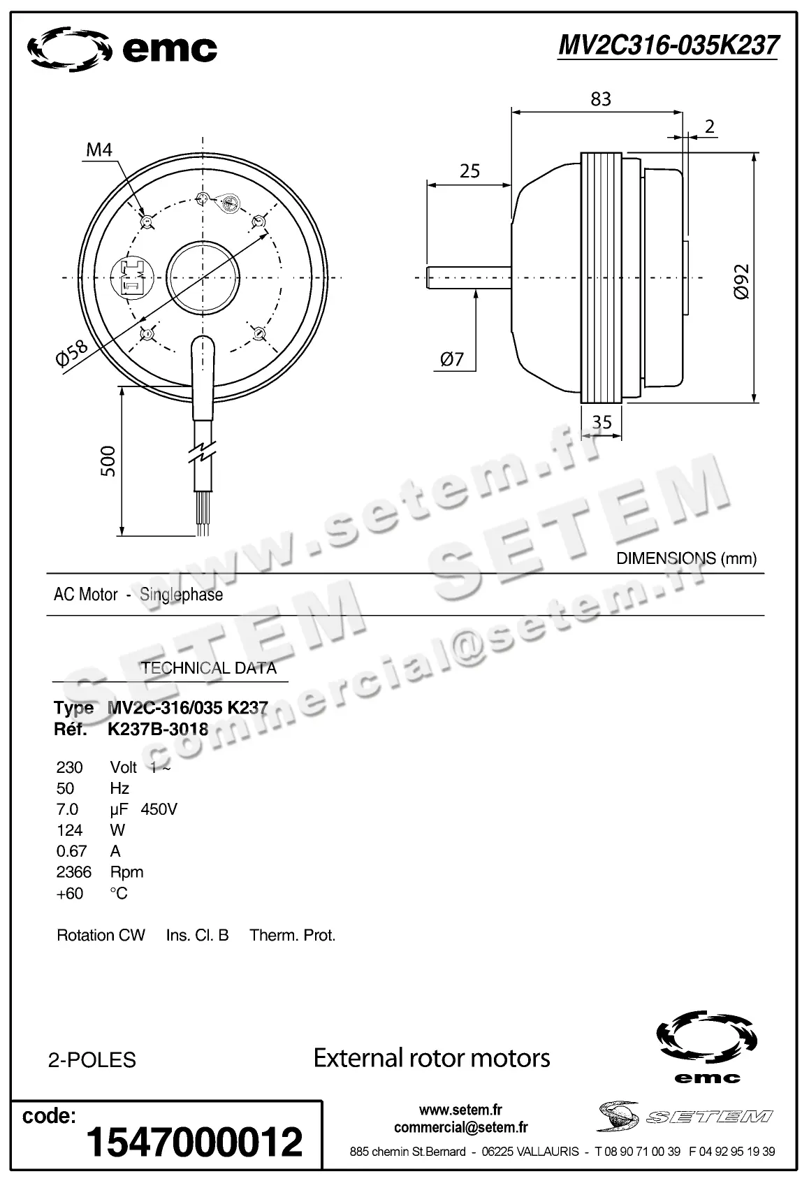 1547000012-MOTEUR EMC MV2C-316/035 *K237B-3018* 2