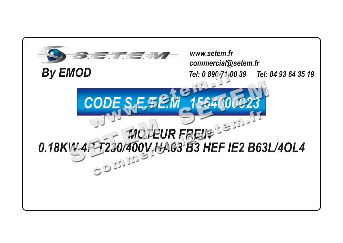 1564000023-MOTEUR EMOD FREIN 0.18KW 4P T230/400V HA63 B3 HEF IE2 B63L/4OL4