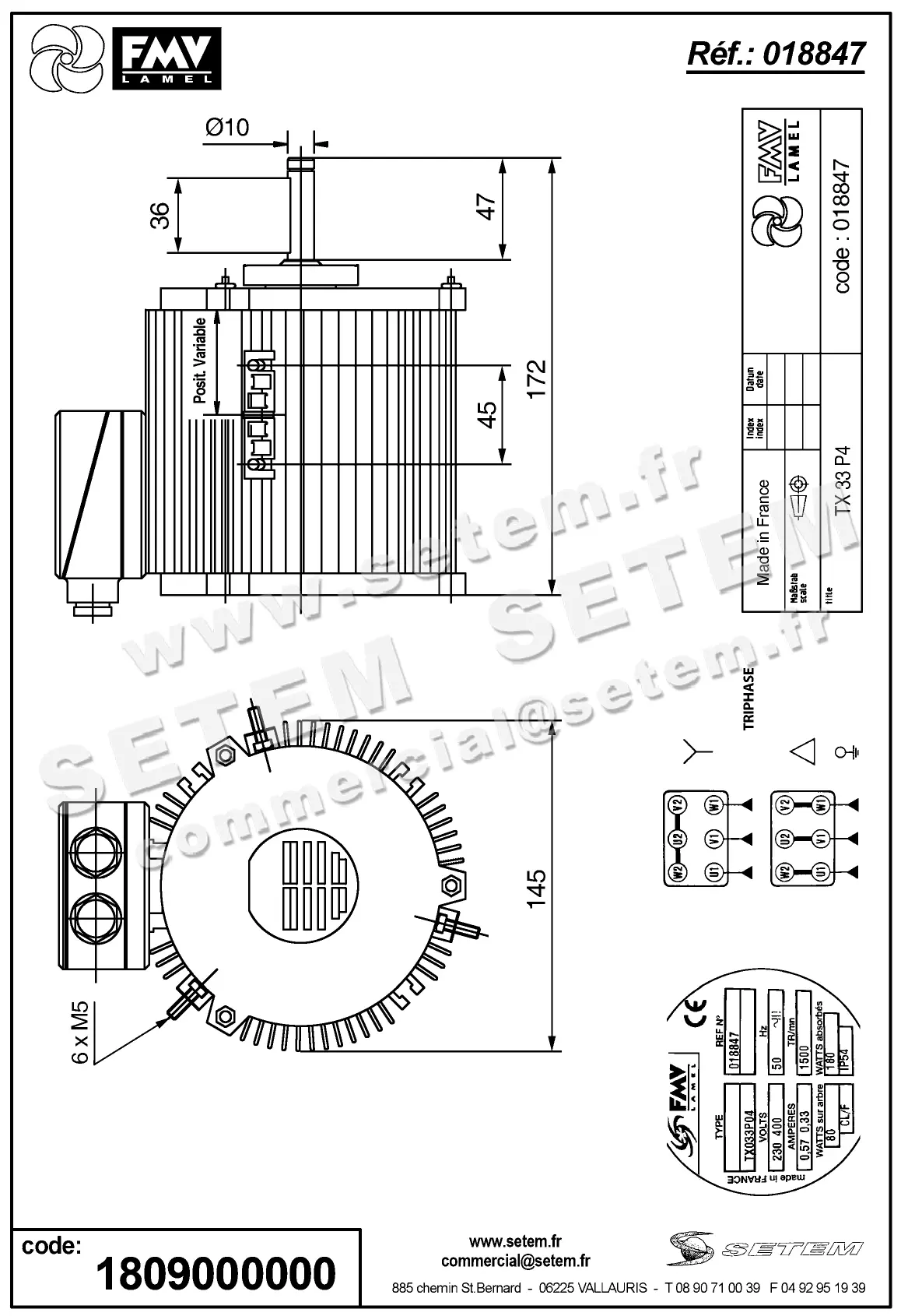 1809000000-MOTEUR FMV TX033P04 80/180W 4P T230/400V *18847* 2